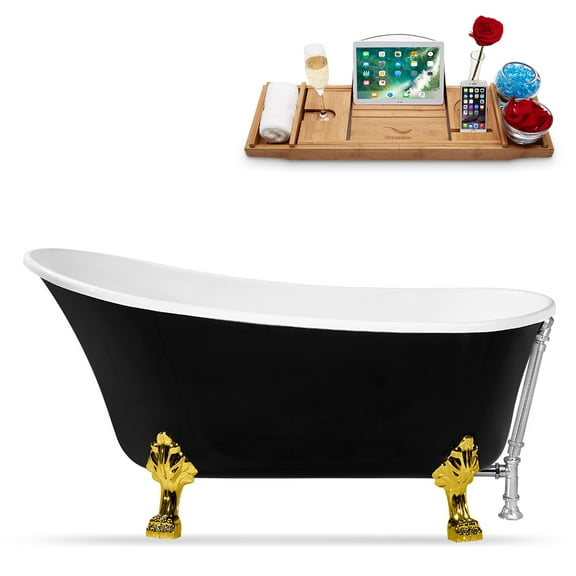 59" Streamline N344GLD-CH Clawfoot Tub and Tray With External Drain
