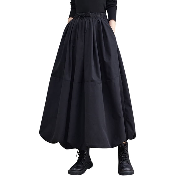 Women's Retro High Waist Flowy Skirt with Elastic Waistband and Side Pockets Stylish Comfortable A-Line Design