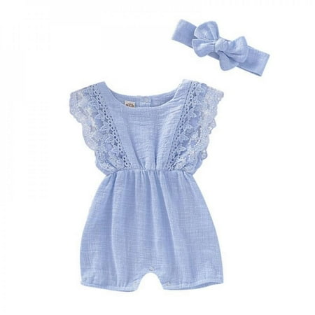 

Promotion Clearance Baby Girls Lace Romper Set Ruffle Sleeve Solid Color Onesie with Headband