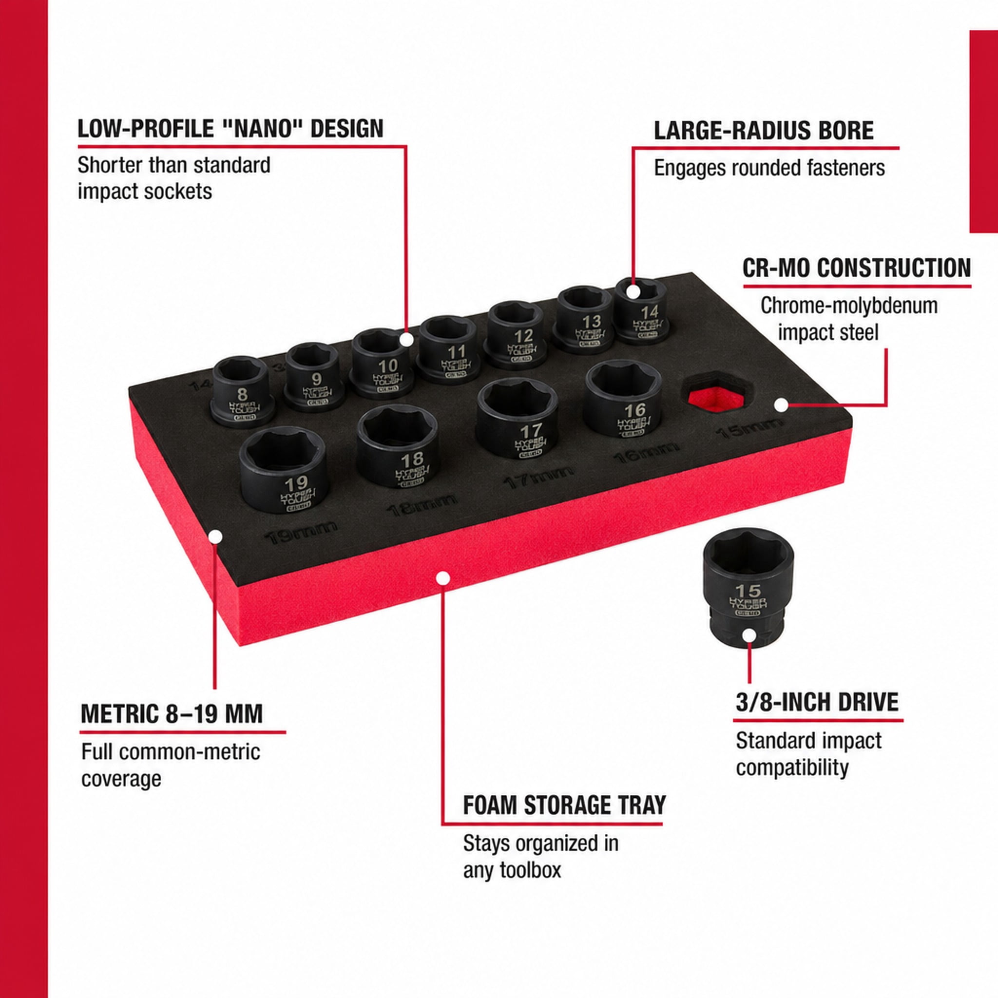 Hyper Tough 3/8-Inch Drive Nano Low-Profile 12-Piece Metric Socket Set