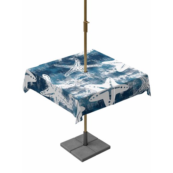 Outdoor Tablecloth with Umbrella Hole for Patio/Picnic/Party/Camping, Nautical Coastal Waterproof Table Cloth Square Cover Washable, Vintage Sunmmer Ocean Starfish Deep Blue (60"x 60")