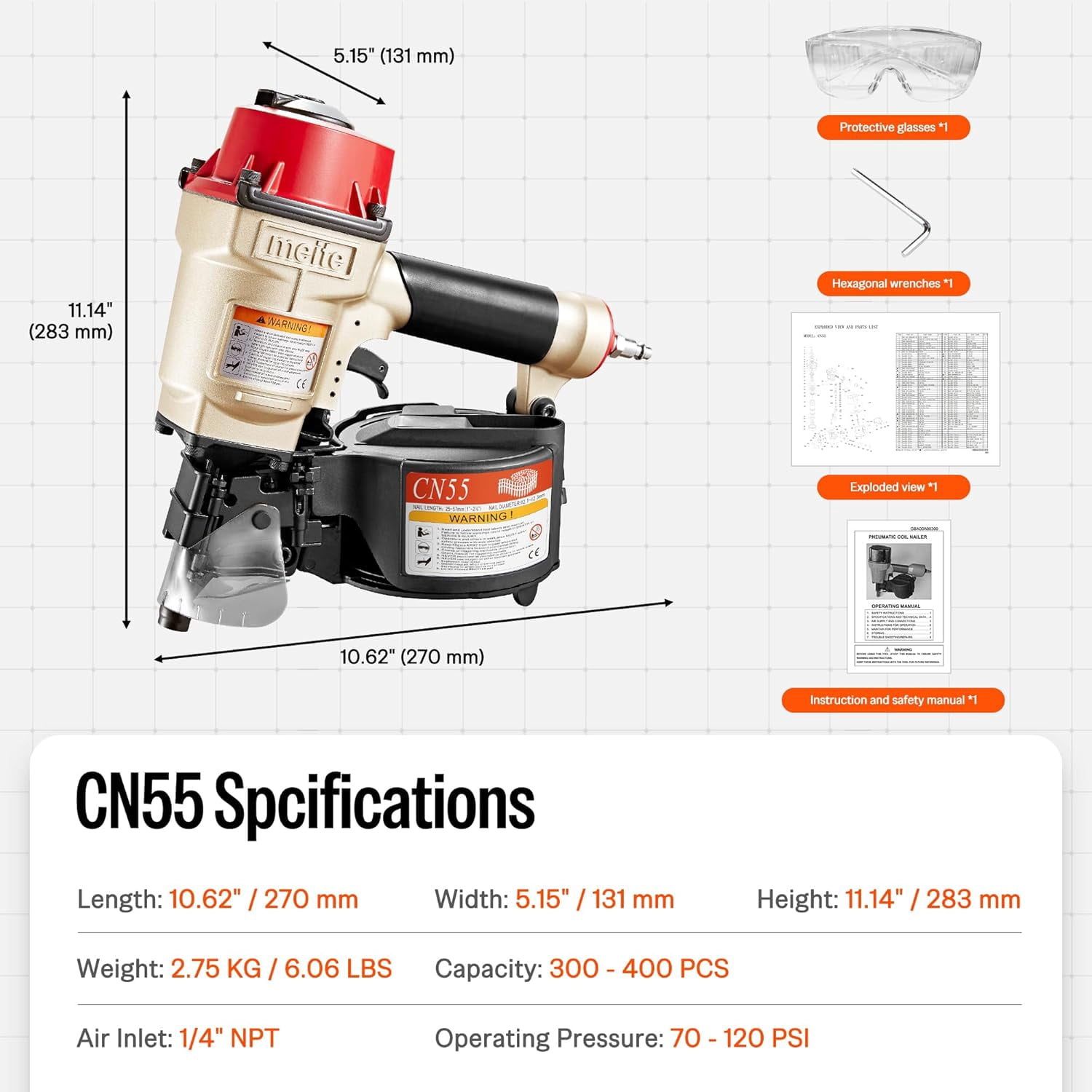 meite Pneumatic Coil Nail Gun CN55, Drives 15 Degree 1" to 2-1/4" Length Coil Nails, for Wooden Projects, Pallets, Siding, Fencing