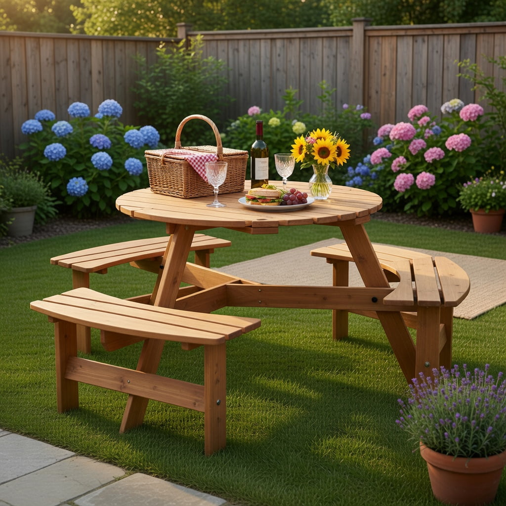 Hommoo 6-Person Round Outdoor Picnic Table Set with 3 Built-in Benches, Umbrella Hole & Weather-Resistant Fir Wood, Yellow