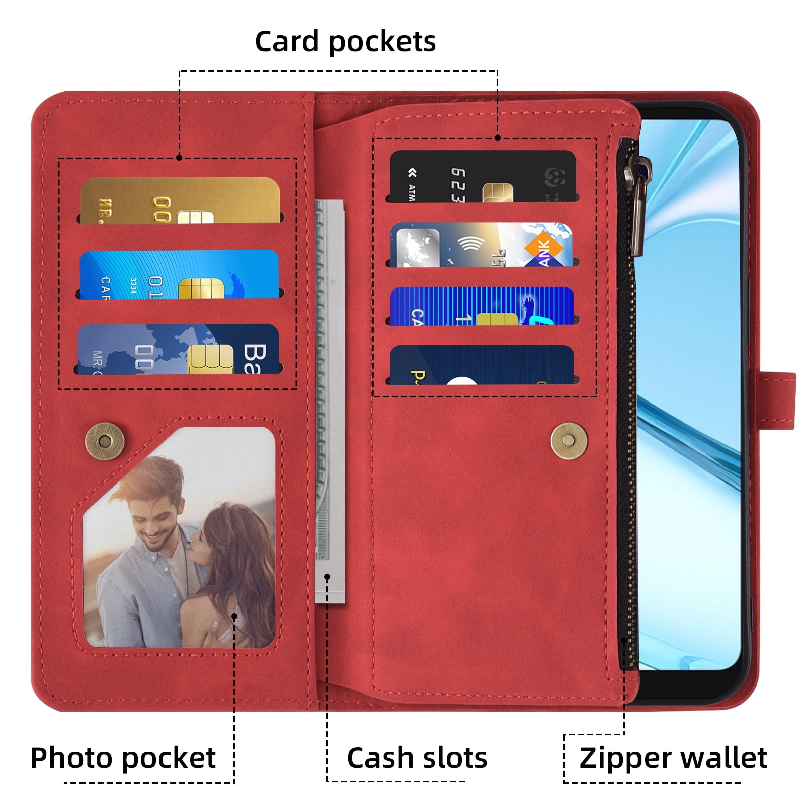 Asuwish Phone Case for Tracfone BLU View 5 Pro B170D Wallet Cover With Tempered Glass Screen Protector Flip Pattern Zipper Credit Card Holder Stand Cell Trac Fone BLUE View5 5Pro 6.74 Women Men Red