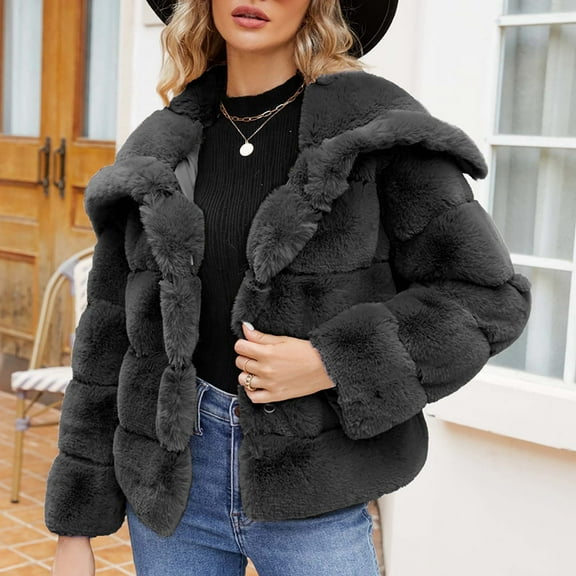 Ofreoo Womens Winter Coats Warm Solid V-neck Faux Fur Jacket,Holiday,Wedding,Party ,Christmas Gift