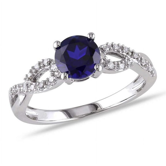 AMOUR 1/10 CT TW Diamond and Created Blue Sapphire Engagement Ring In 10K White Gold