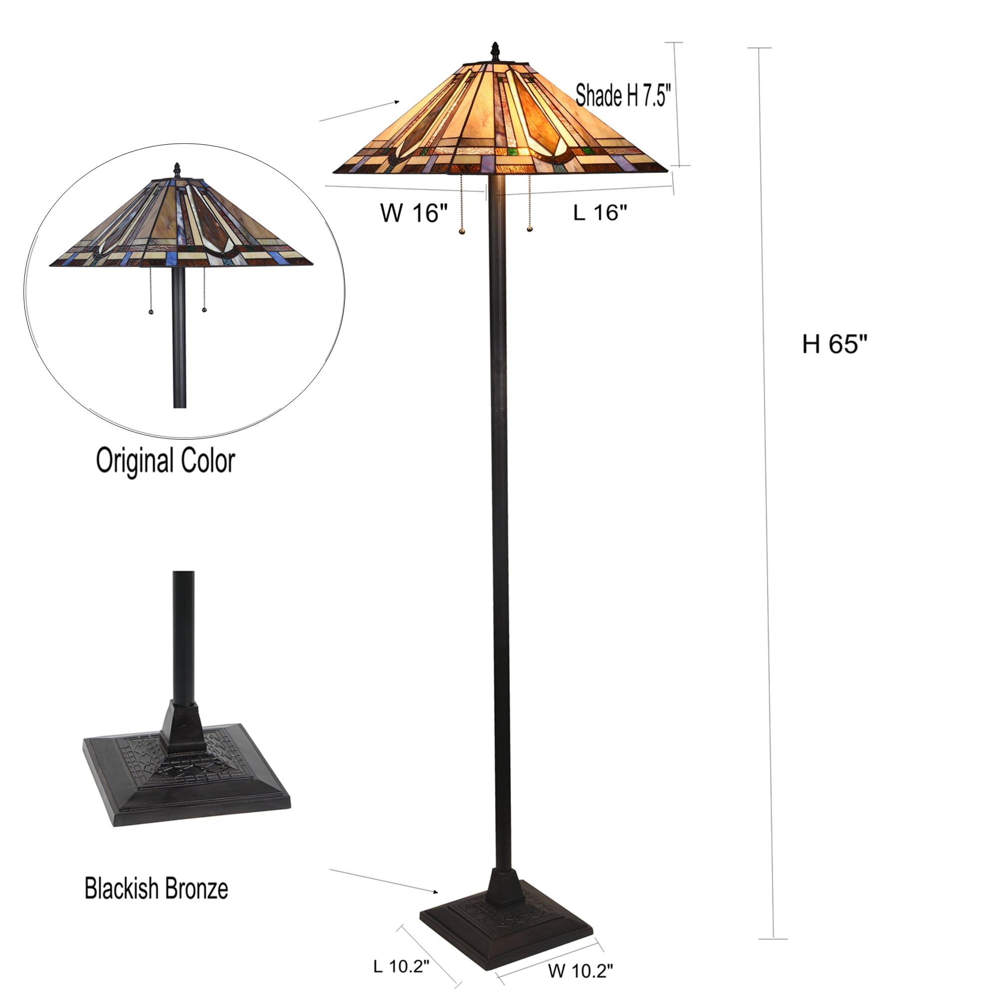 Tiffany Style Floor Lamp 65" Tall Bronze Mission Pattern Stained Glass Shade 16" for Living Room Reading Bedroom Office