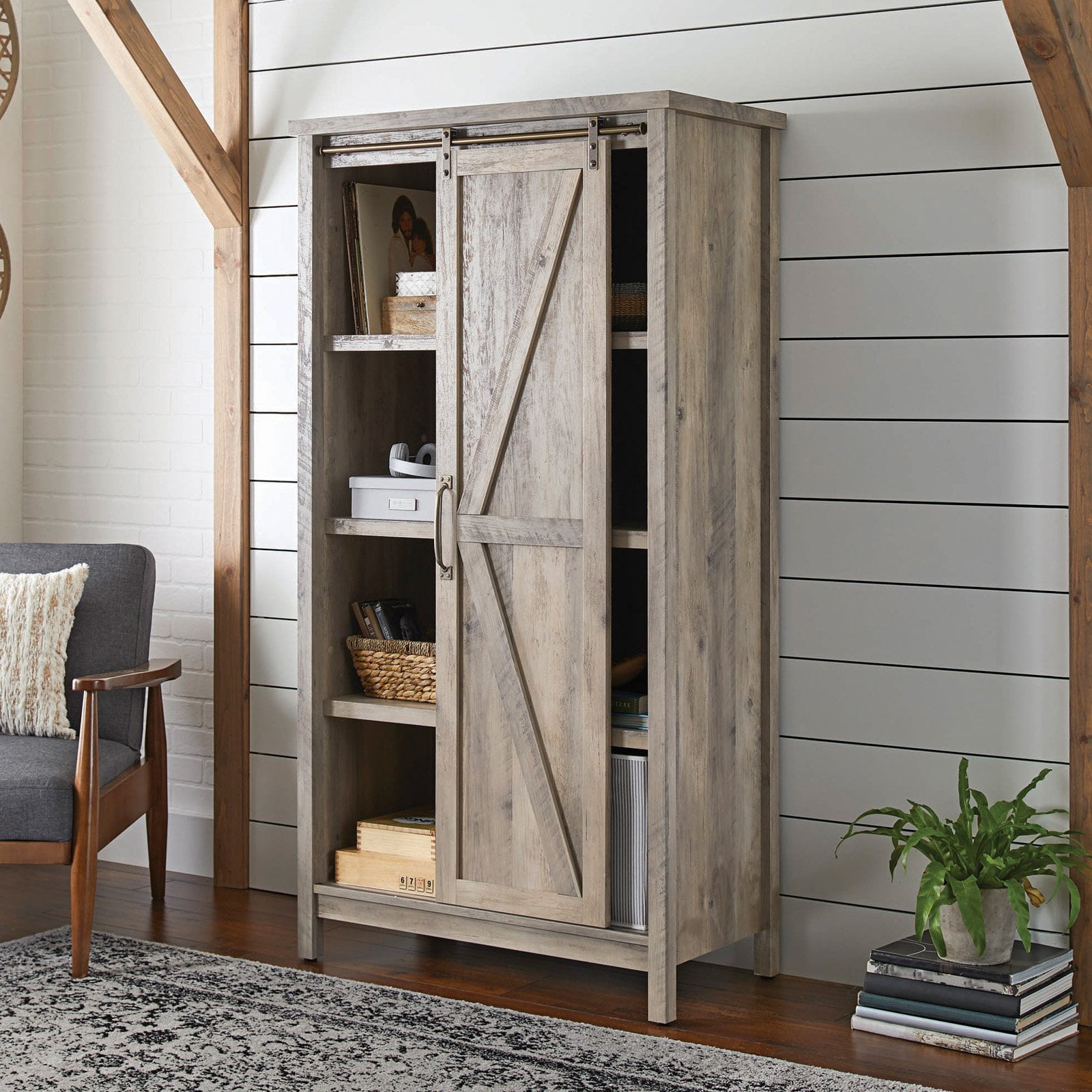 Better Homes & Gardens 66" Modern Farmhouse Bookcase Storage Cabinet, Rustic Gray Finish