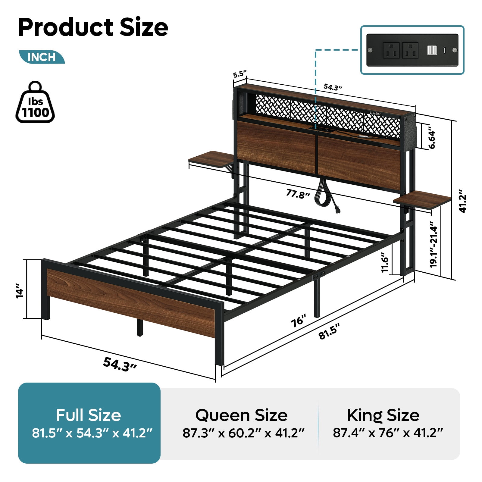 Bestier Full Size Platform Bed Frame with Wood Foldable Bedside Shelves and LED Storage Headboard Charge Station, Walnut