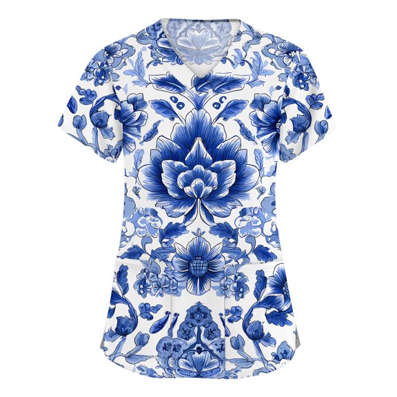 Womens Scrub Tops Print V-Neck Work Shirt Stretch Short Sleeve Plus Size Scrub Tshirts with Side Slits & Pocket Comfortable Nurse Tops Blue L