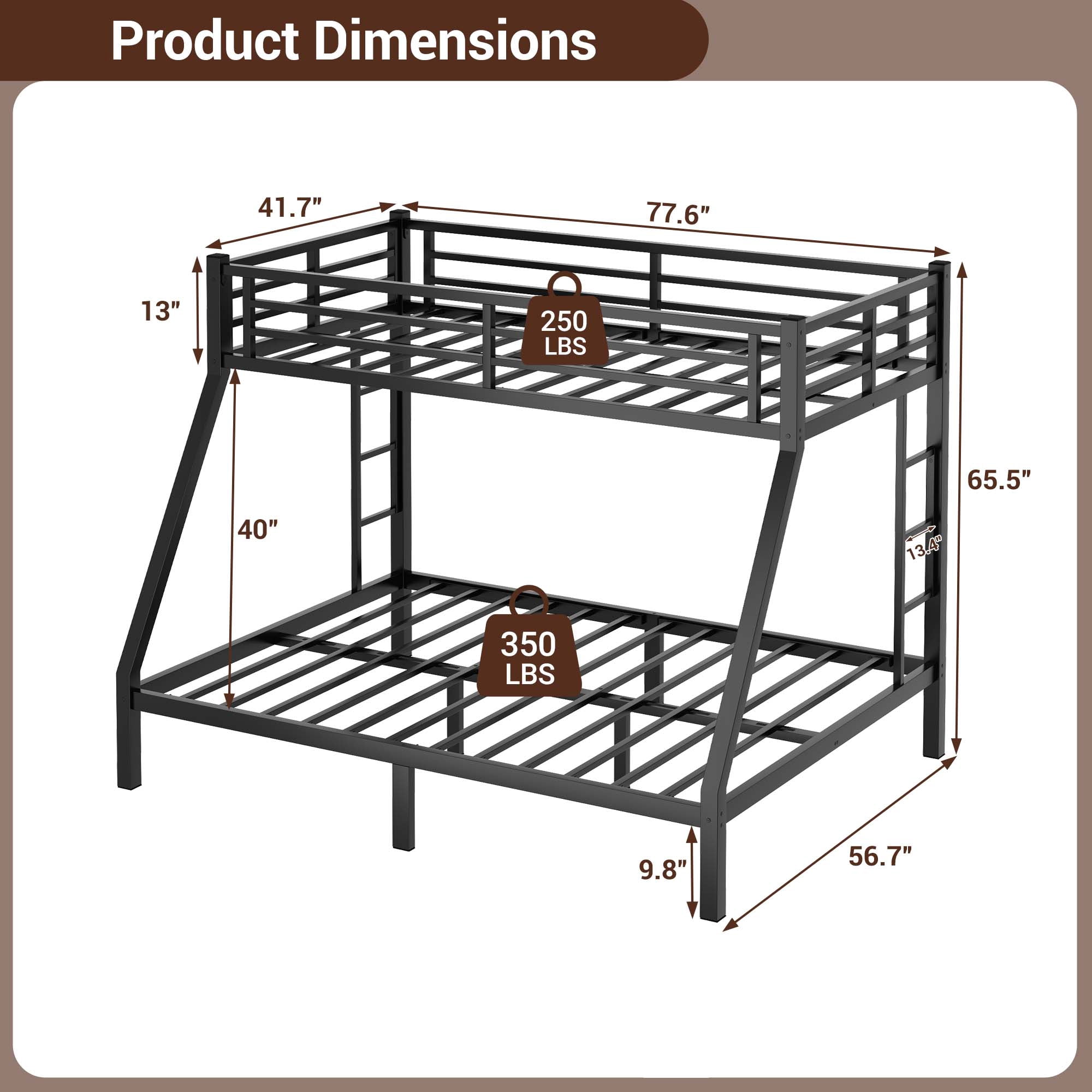 Miniyam Twin Over Full Metal Bunk Bed with Ladder and Guardrails, Black Finish