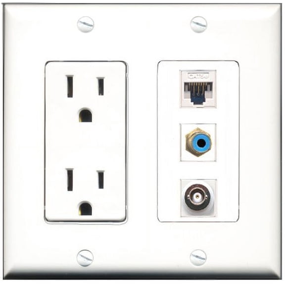 RiteAV - 15 Amp Power Outlet 1 Port RCA Blue 1 Port BNC 1 Port Cat5e Ethernet White Decorative Wall Plate