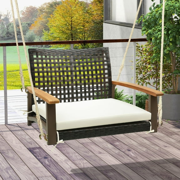 Gymax Rattan Porch Swing Patio Wicker Single Hanging Seat w/ Seat Cushion & Acacia Wood Armrests