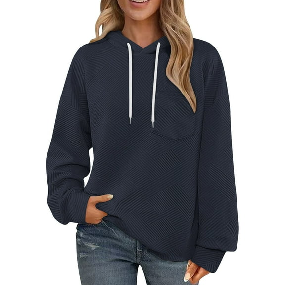 Womens Hooded Long Sleeve Pullover, Crewneck Sweatshirts for Women Fall Fashion Loose Fit Solid Color Drawstring Hoodies with Pockets S-2XL