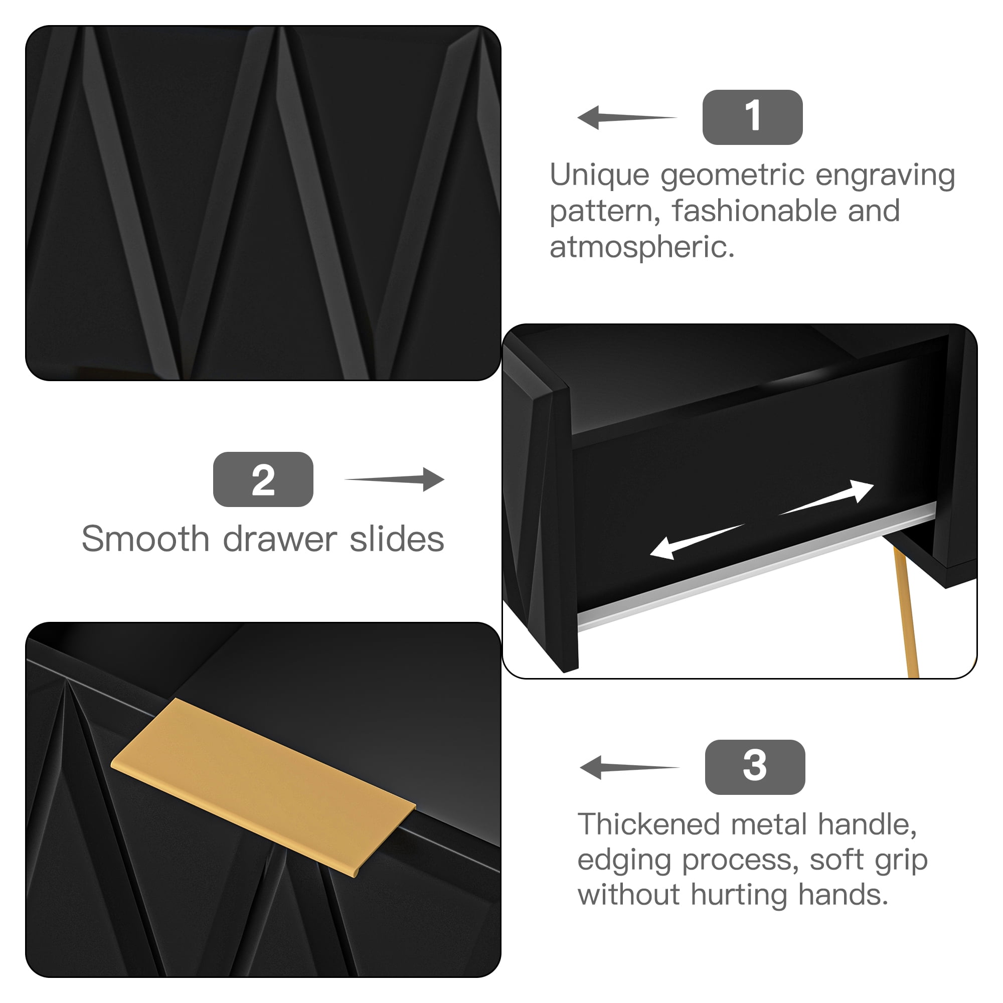 Yardi Yard Modern 2 Drawer Rectangle Accent Nightstand for Bedroom with Golden Metal Legs, Black Yardi Yard Modern 2 Drawer Rectangle Accent Nightstand for Bedroom with Golden Metal Legs, Black