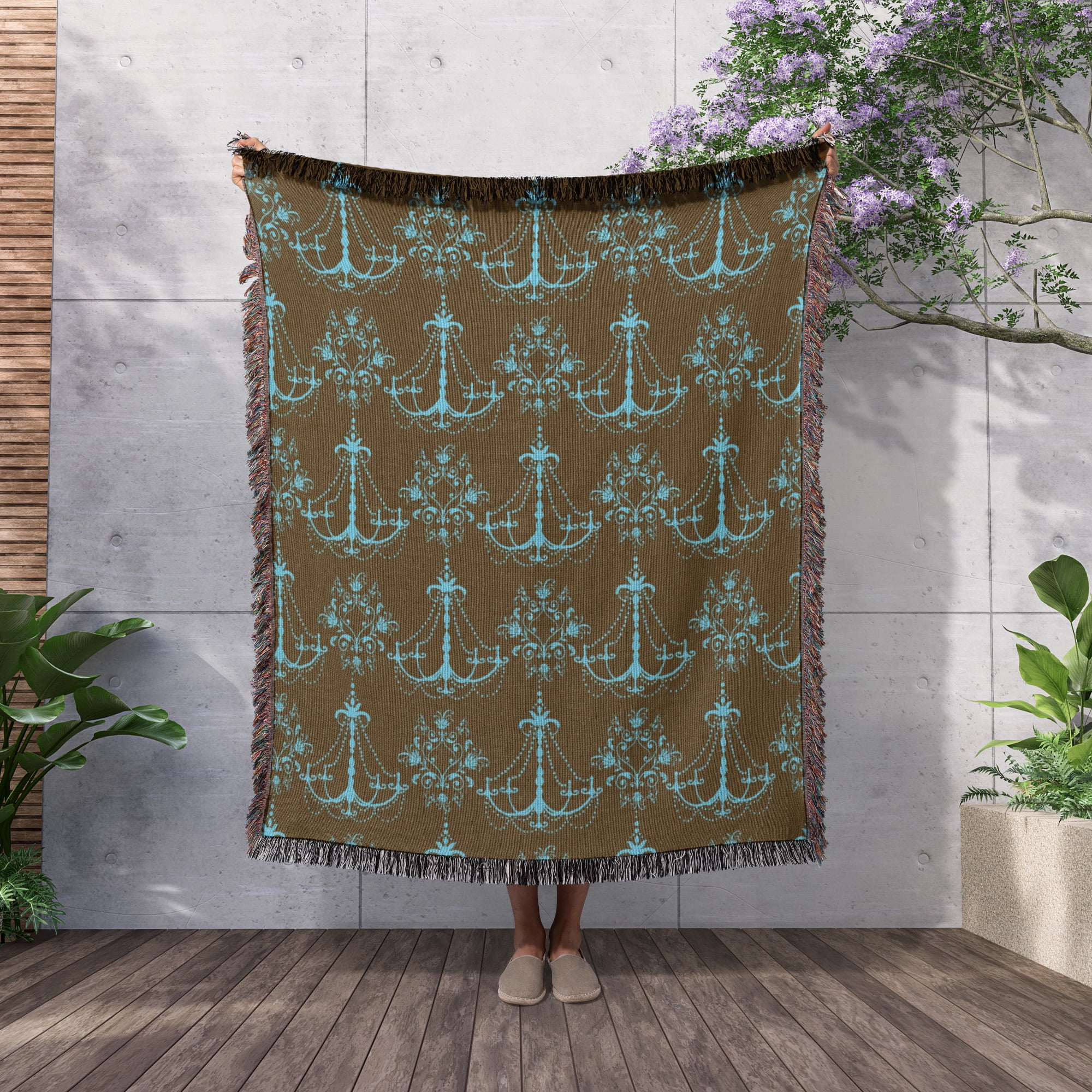 Chic Blue And Brown Chandeliers, Woven Blanket