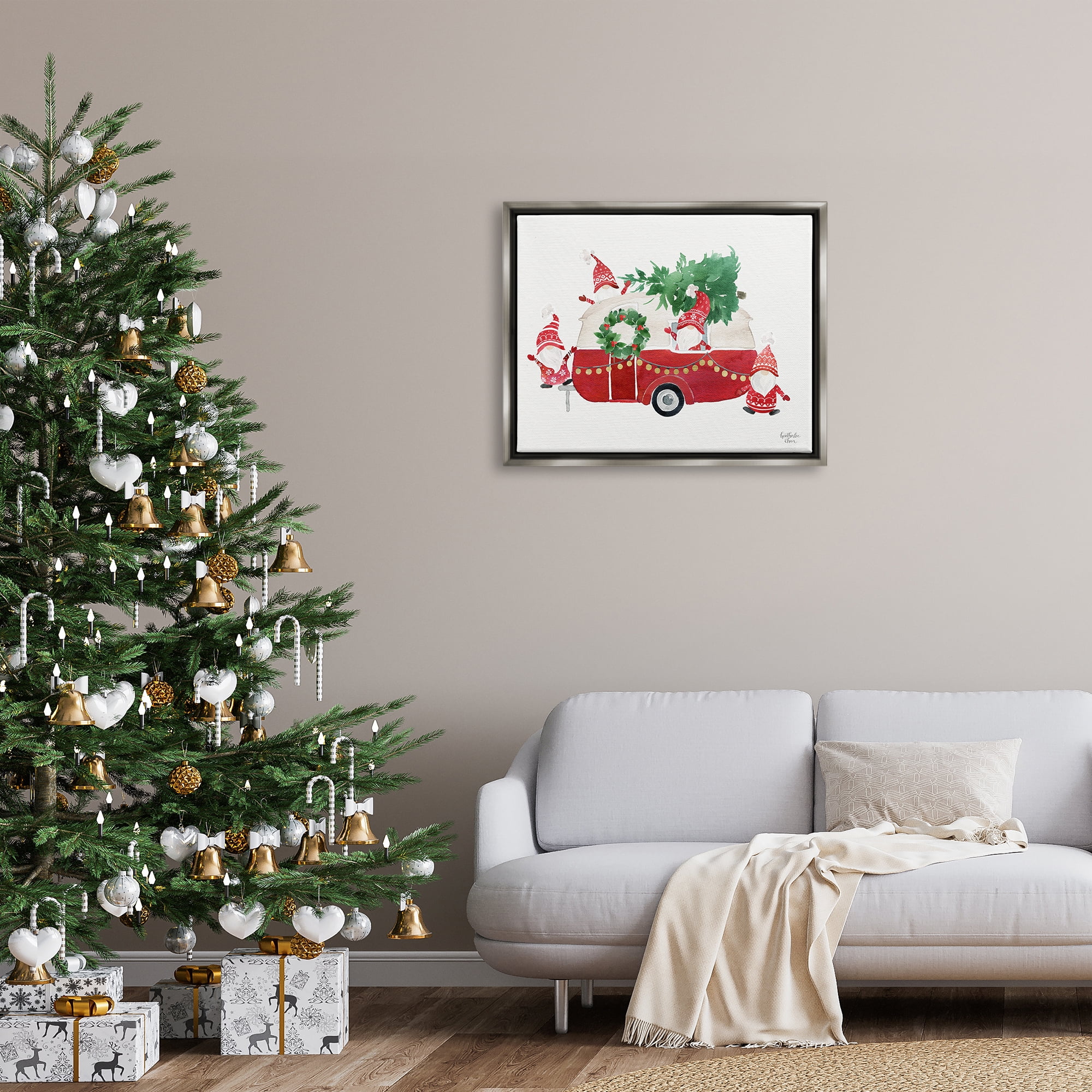 Stupell Industries Holiday Garden Gnomes Seasonal Holly Wreath Tree Painting Luster Gray Floating Framed Canvas Print Wall Art, Design by Heatherlee Chan