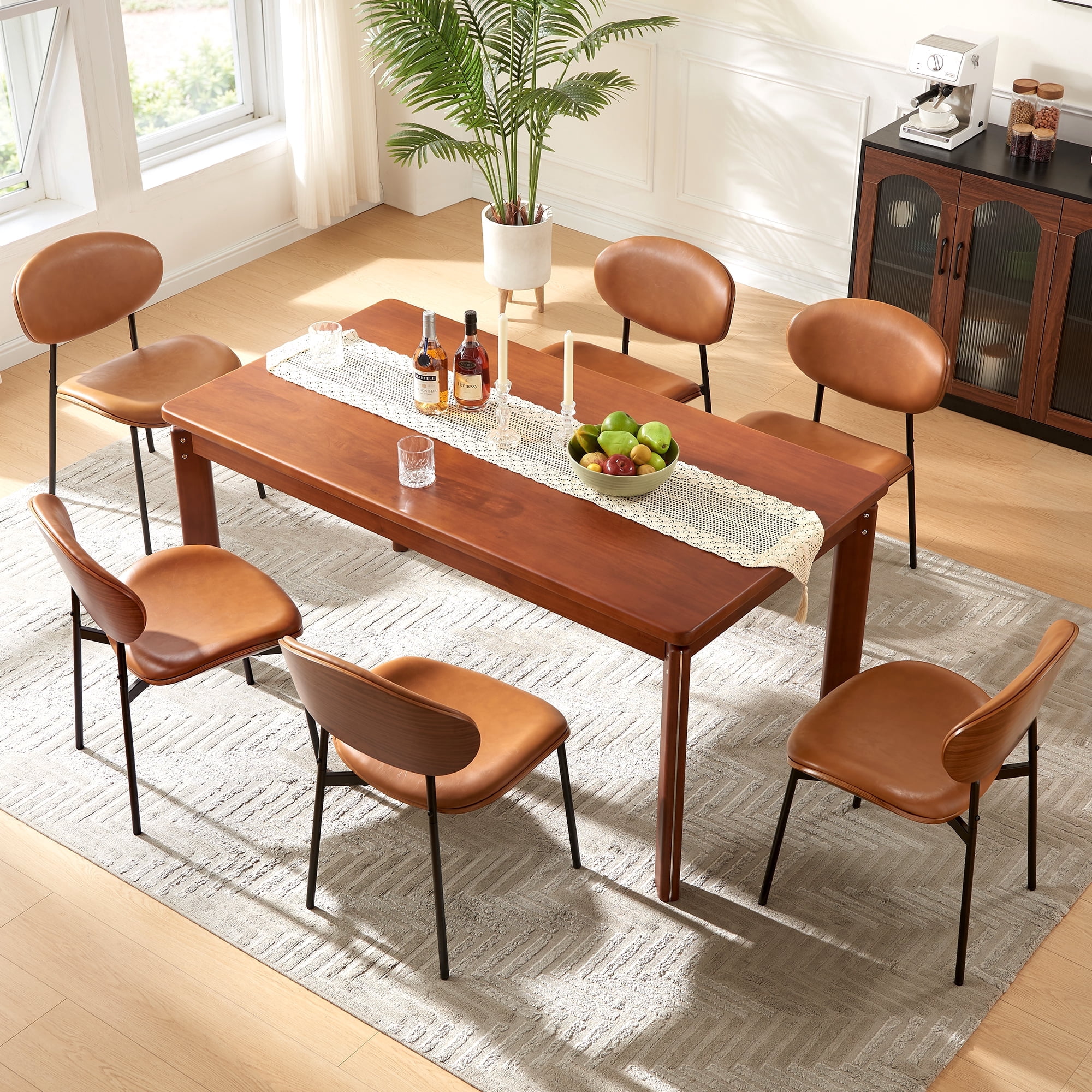 Sailvan Brown Dining Chairs Set of 6, Mid Century Leather Dining Chairs For Kitchen, Modern Living Room Chairs With Adjustable Feetpads, Easy Assembly, Khaki, 300LBS