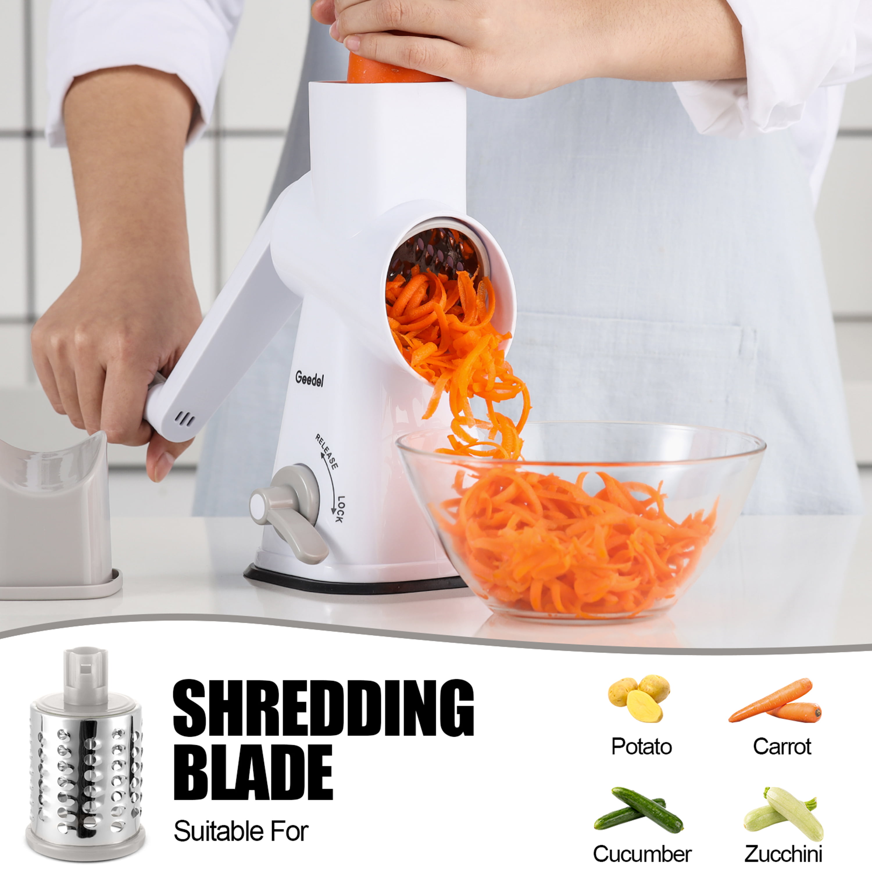  KEOUKE Rotary Cheese Grater with Handle Vegetable Cheese Shredder  Slicer Grater for Kitchen 3 Changeable Blades for Cheese Potato Zucchini  Nuts Chocolate - White: Home & Kitchen