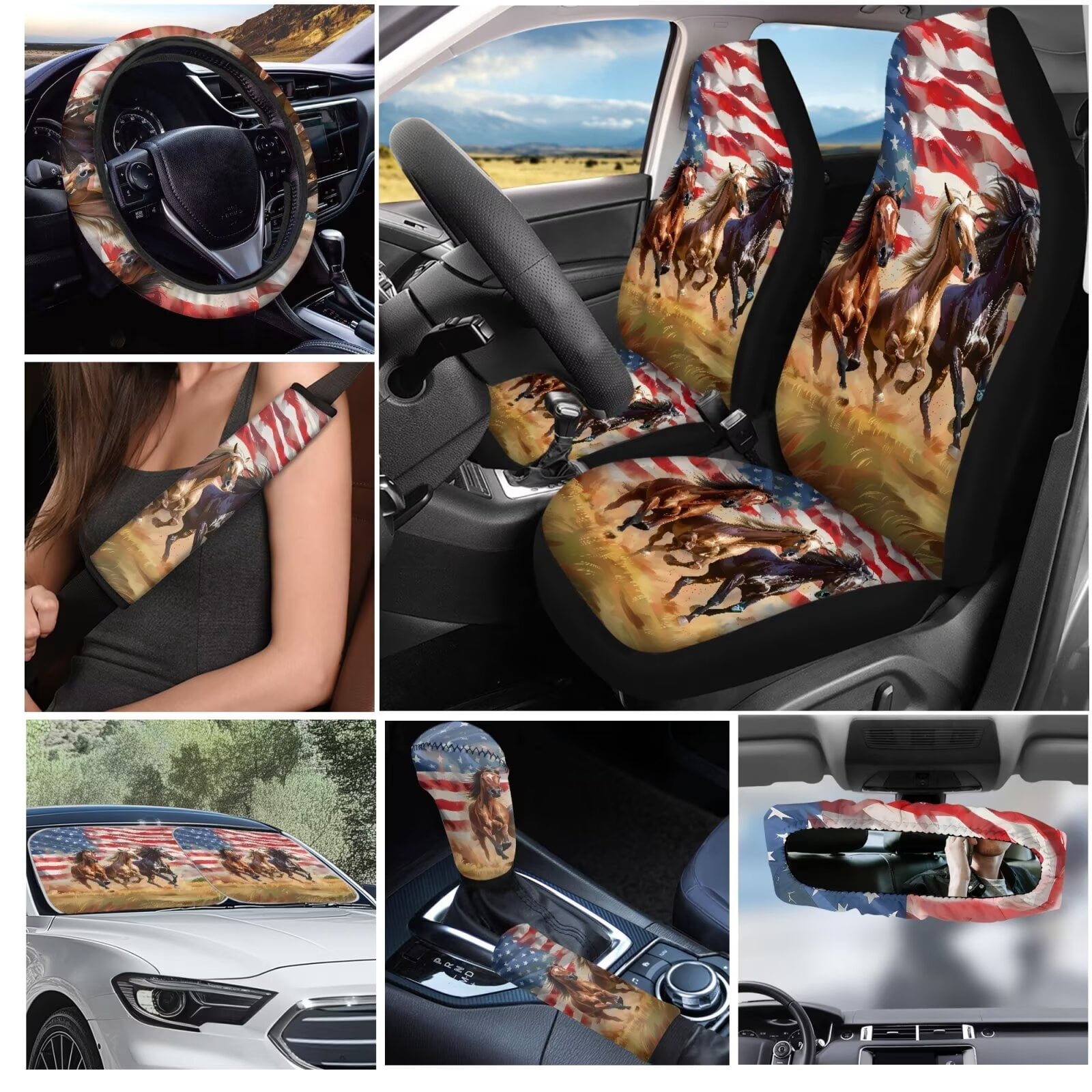 Garronmavis American Flag Running Horse Car Seat Cover Full Set 16 Pieces Car Seat Belt Covers Keychain Holder Gear Shifting Knob Cup Mats Windshield Sun Shade