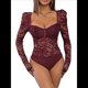 thumbnail image 1 of Body de Larga con Encaje Floral Transparente para Mujer, Top con Escote Corazón Vino Tinto M, 1 of 10