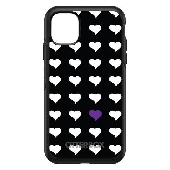 DistinctInk OtterBox Symmetry Custom Case for Apple iPhone 15 (6.1" Screen) - Purple White Black Repeating Hearts - Wireless Charging Compatible