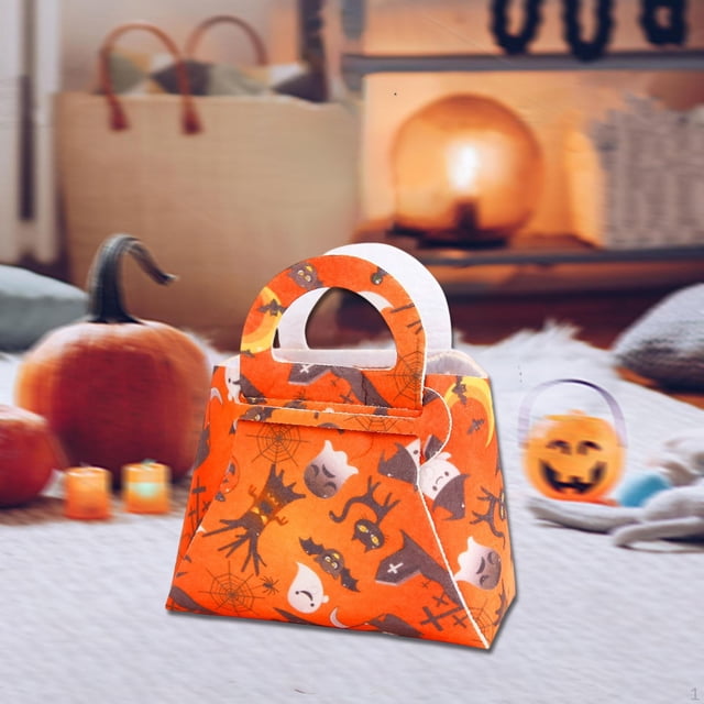 Reusable Halloween Pumpkin Design Candy Collection Tote - Festive Party Decor Trick-or-Treat Bag with Easy-Grip Handle Washable Velour Material Accessory