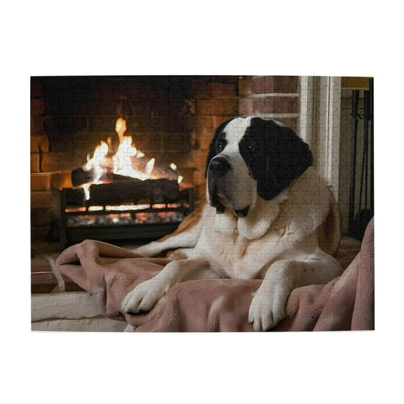 500-Piece Wooden Jigsaw Puzzle for Adults - Saint Bernard Fireplace Home , Interlocking Pieces with Guide Letters, Holiday Gift & Home Decor
