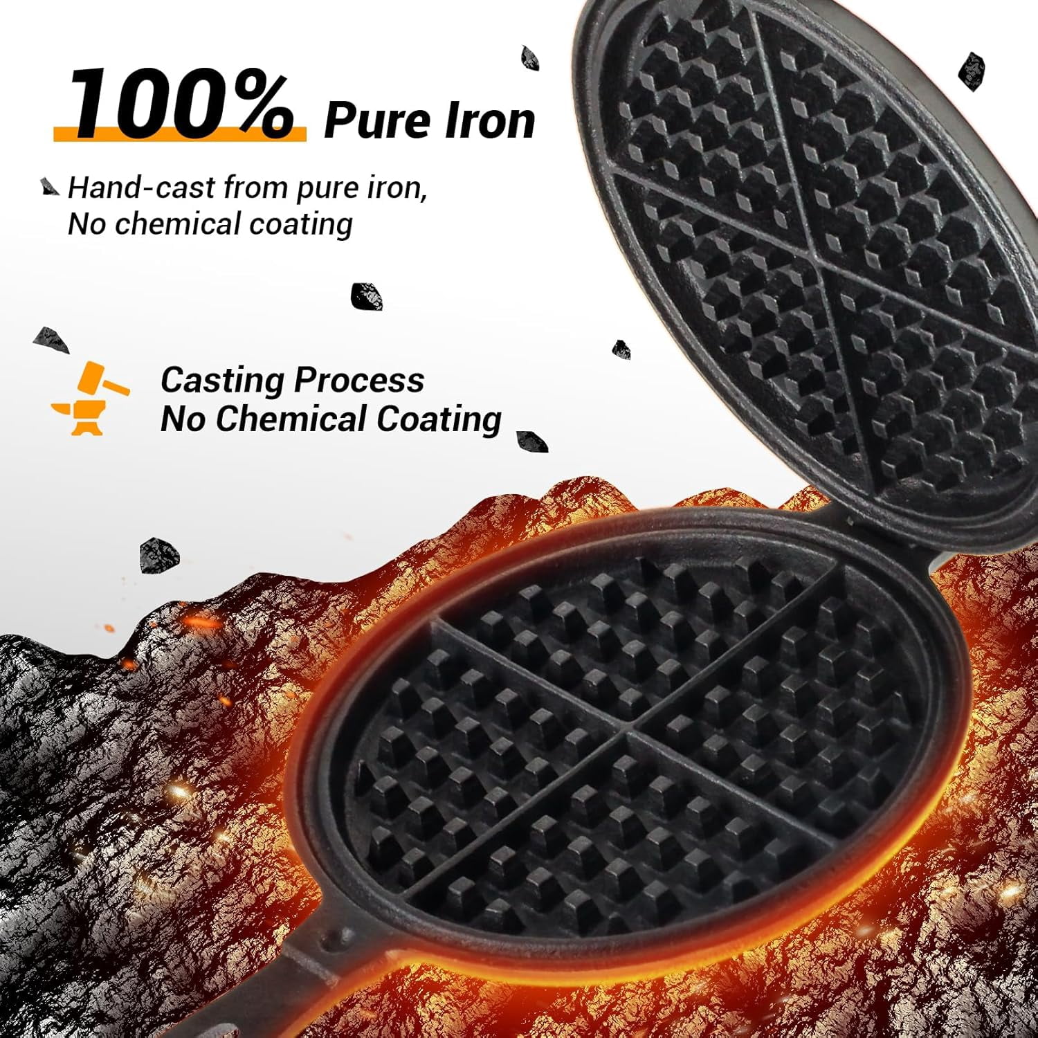 Professional 8-inch Cast Iron Waffle Maker Stove Top | 8 lbs Thickened Body, Quick Heating, Non-Coated Surface | Rustic Round Cast Iron Waffle Iron