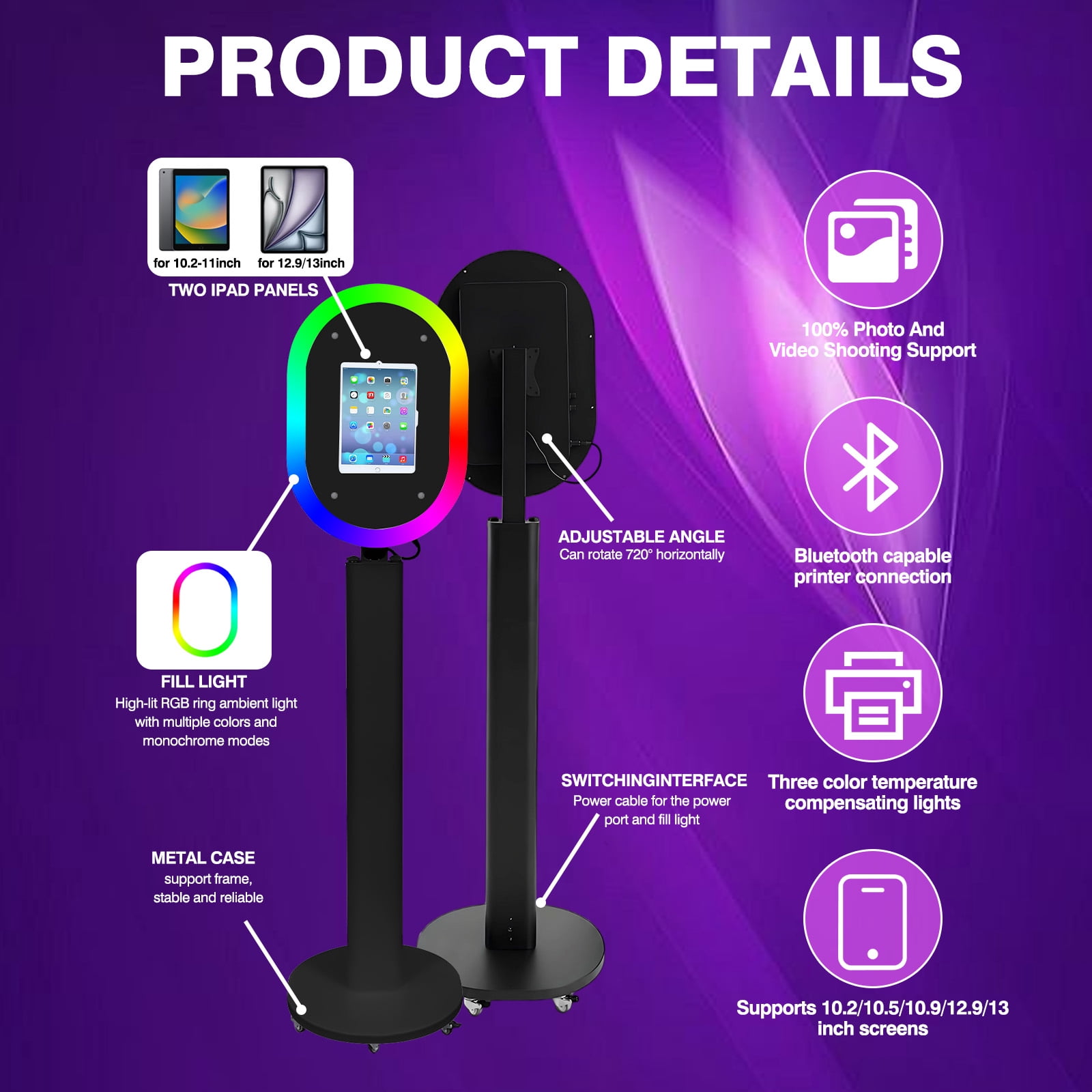 Portable iPad Photo Booth Stand with RGB Ring Light - Compatible with 10.2" to 13" iPad Pro/Air, Party Selfie Station for Weddings & Corporate Events (Black)​