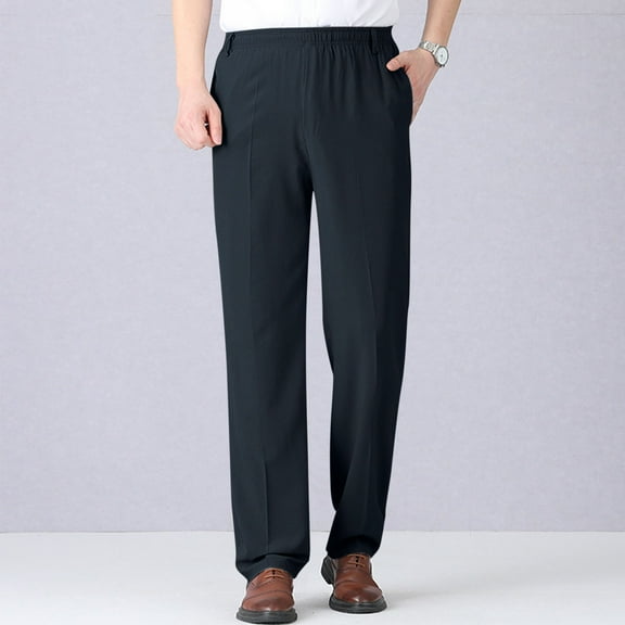 RKSTN Quick Dry Casual Slacks for Men Solid Color Elastic Waist Comfortable Straight Leg Suit Pants for Men with Side Pockets (Navy ,XXL)