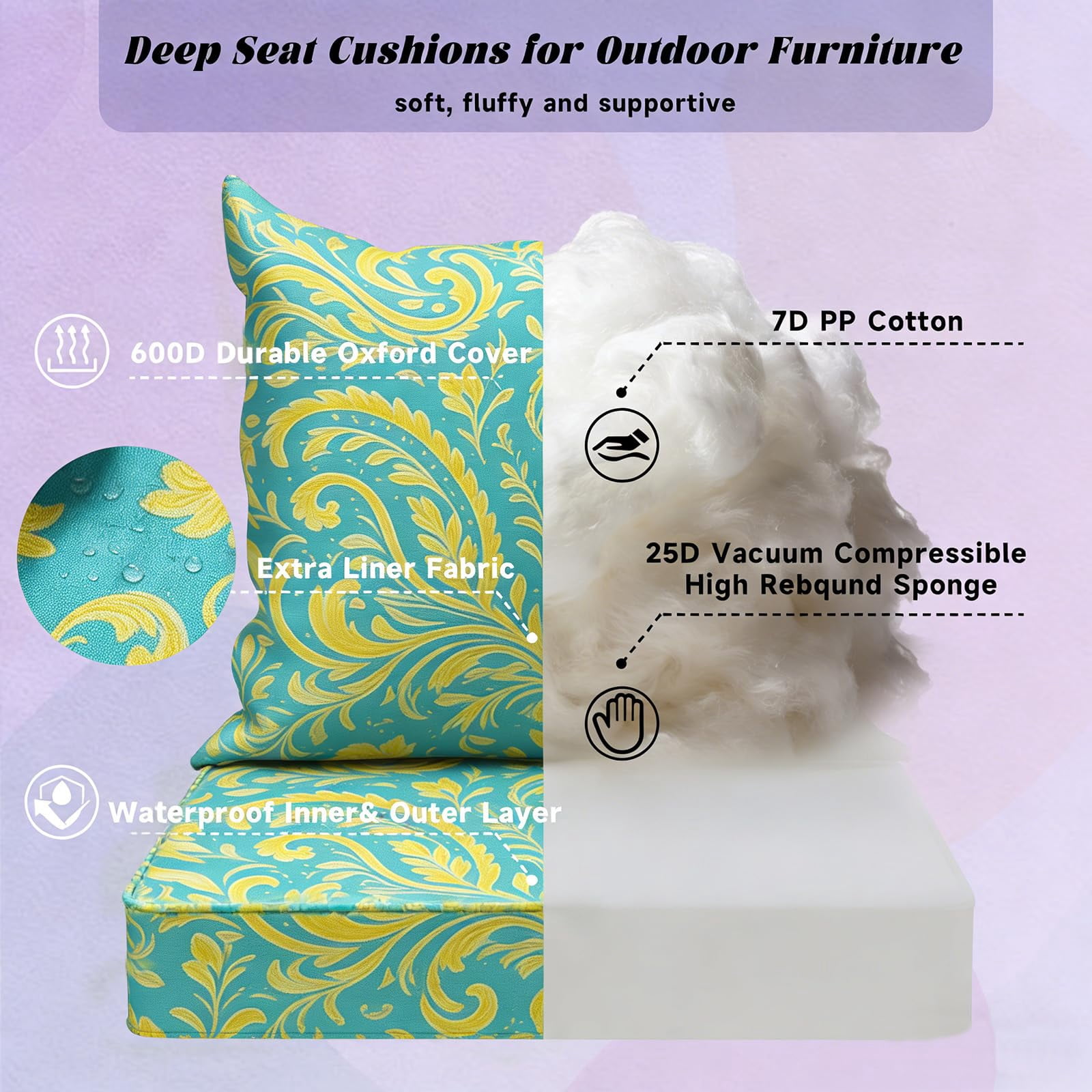 Yacona Outdoor Chair Cushions Set, 24x24in Patio Furniture Cushions with Handle, for Patio Furniture Chair Sofa, Pattern