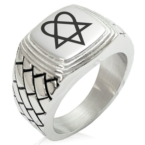Stainless Steel Heartagram Geometric Pattern Step-Down Biker Style Polished Ring