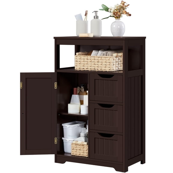 Wood Bathroom Floor Cabinet with 3 Drawers and Cupboard, Freestanding Storage Organizer for Hallway Entryway, Living Room Kitchen Storage Unit with Adjustable Shelf, Espresso Brown