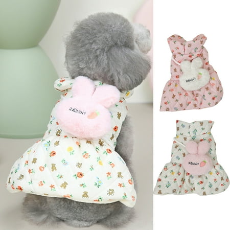 kiskick Dog Down Skirt Rabbit Doll Decor Thickened Floral Print Autumn Winter Pet Cat Dog Dress Coat Pet Supplies