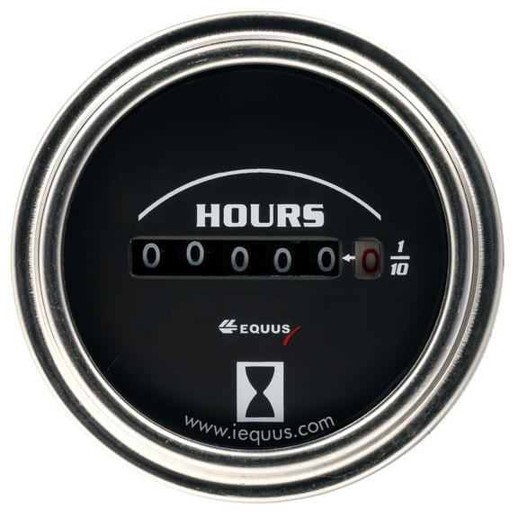 Equus Gauge Hourmeter, 2" 10K Hours, Elec (8V-60V), Blk Dial, Chrme Bezel, 7000