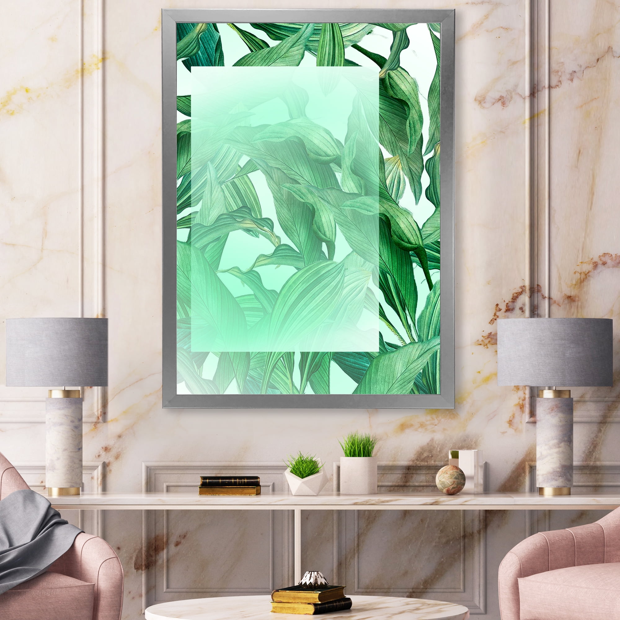 Designart 'Tropical Palm Green Leaves Under White Rectangle' Nautical & Coastal Framed Art Print
