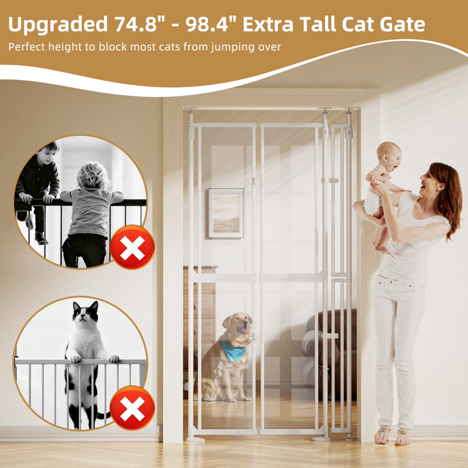 74-98" Extra Tall Cat Gate, 33.86-41.34, Transparent Double Doors, No Drilling Pressure Mount Pet Gate for Doorways/Stairs/Kitchen/Home, Auto Close, White