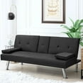 Modern Faux Leather Futon with Cupholders and Pillows, Black