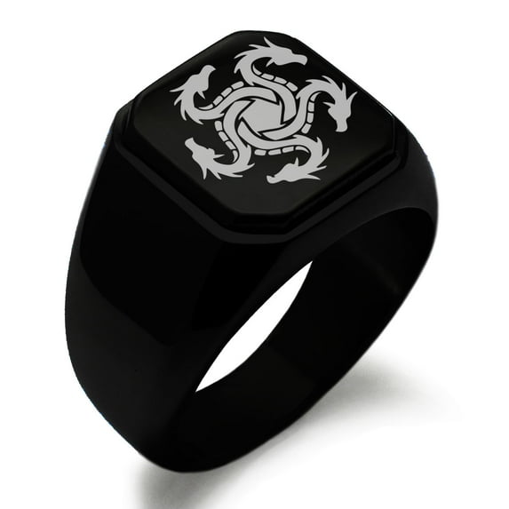 Stainless Steel Greek Mythology Hydra Engraved Square Flat Top Biker Style Polished Signet Ring