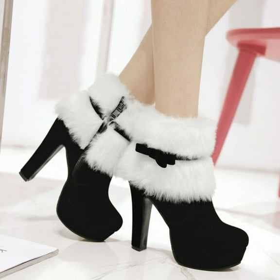 HONMEET Ankle Boots For Women High Heel Platform Ankle Boots Black Faux Wool 1 Pair Winter Party