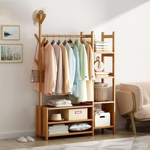 Colourtree Bamboo Garment Rack, Portable Clothing Rack for Hanging, Free Standing Closet Organizers with 6 Tier Storage Shelves for Guest Room Kids Baby Bedroom Entryway (Natural, 39.4)