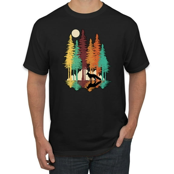 Trippy California Redwoods Forest Fox Silhouette | Mens Fashion Graphic T-Shirt, Black, Small
