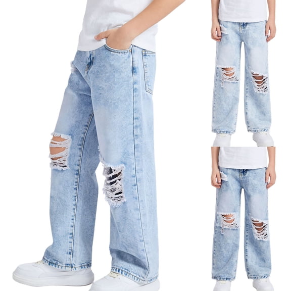 SGFCWSX Girls Ripped Jeans, Teens Distressed Denim Pants Destroyed Wide Leg Trousers with Holes Blue Size 12-13Years