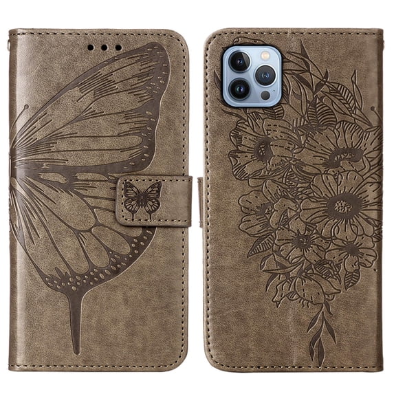 Flower Butterfly Pattern Wallet Case for iPhone 14 Pro, PU Leather Soft TPU Shockproof Anti-Drop Flip Folio Case with Wrist Strap Stand Magnetic Clasp Card Slots Phone Cover for iPhone 14 Pro,Gray