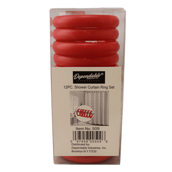 12 Piece Plastic Basic Locking Round Hook Easy Gliding Shower Curtain Rings Fits All Standard Size Shower Rods (Red)