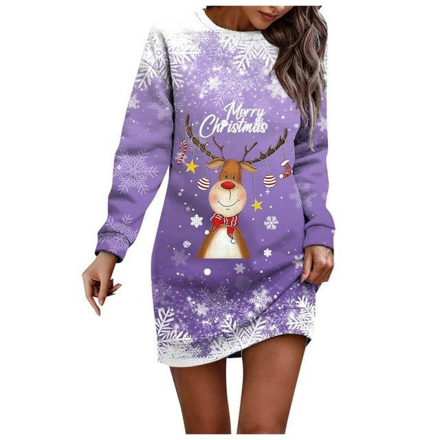 Wyzesi Robes de Maternité pour Femmes Robe Chandail Imprimée de Noël pour Femmes Col Rond Manches Longues Ample Sans Capuche Robe Décontractée Pyjama de Noël Costume
