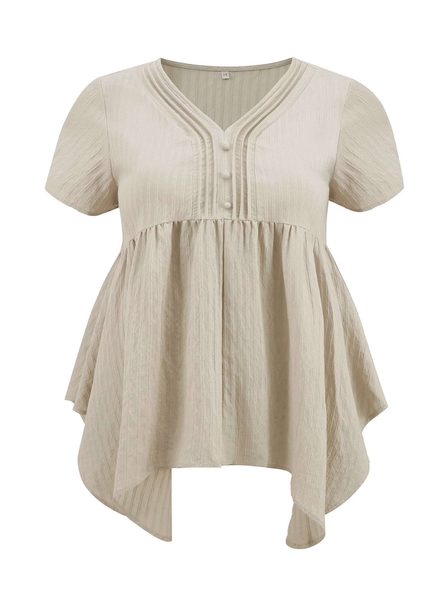DARING DIVA Women's Plus Size V Neck Short Sleeve Asymmetric Hem Babydoll Top 2X Apricot