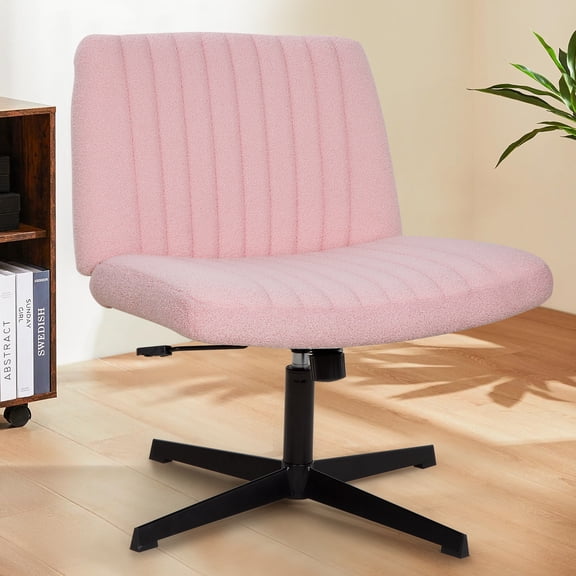 Criss Cross Chair Legged Office Wide Comfy Desk Seat, No Wheels Armless Computer Task Seating, Swivel Vanity Home Height Adjustable, Pink