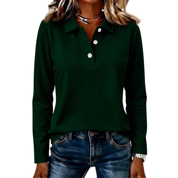 Stralyhd Womens Shirts Long Sleeve Polo Collared Casual Button Down Tops Lightweight Trendy Fall Fashion Clothing Dark Green M